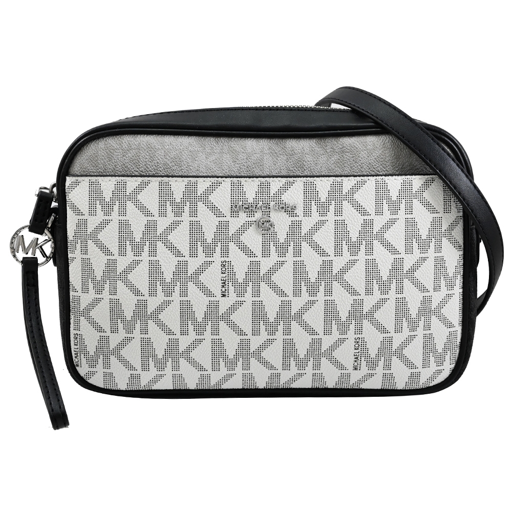 MICHAEL KORS Jet Set Charm 新版MK滿版印花撞色拉鍊手提斜背兩用方包(白/黑)