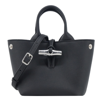 LONGCHAMP LE ROSEAU系列金屬竹節粒面牛皮手提/斜背兩用包(迷你/黑)