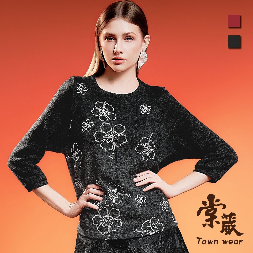 【TOWNWEAR棠葳】花漾圖紋針織上衣 2色(女上衣/女上著/羊毛針織/花朵/圓領/休閒) (灰色系)