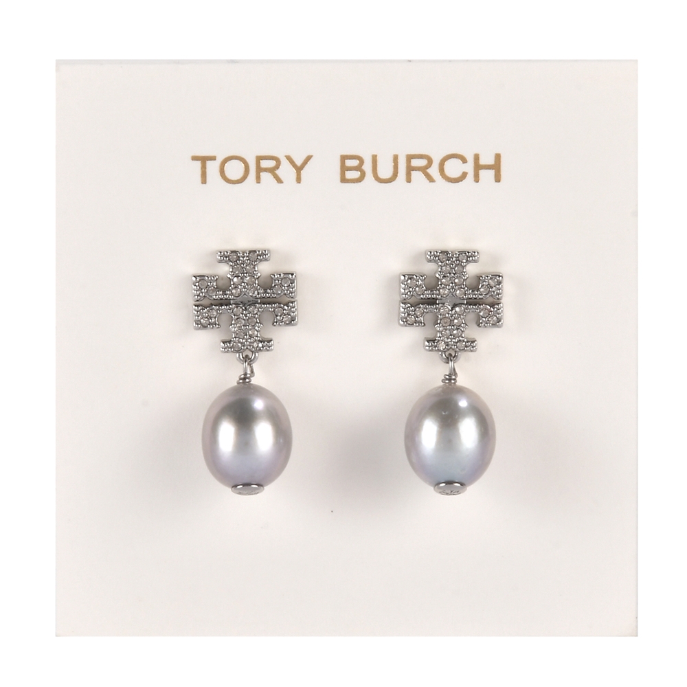 TORY BURCH KIRA 亮鑽T字珍珠垂墜款穿式耳環-古銀色