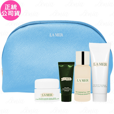 LAMER海洋拉娜 LA MER 海洋拉娜 深海極效穩膚露(30ml)+護手霜(30ml)+晶凍凝霜(7ml)+深海極效淨膚面膜(7ml)+沁藍化妝包(公司貨)