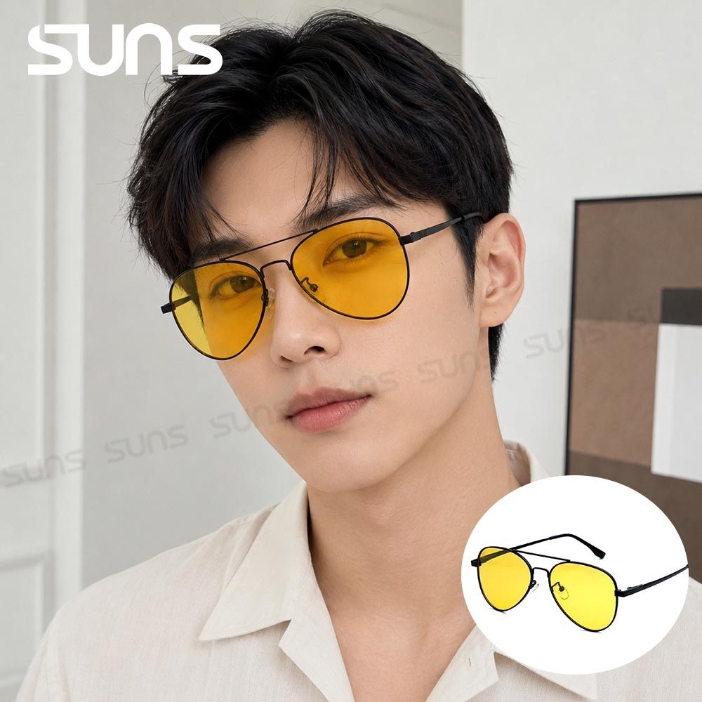 【SUNS】Polarized抗UV+抗藍光 夜視鏡偏光太陽眼鏡 飛行員方框偏光墨鏡 夜間增加安全性 防眩光 S963