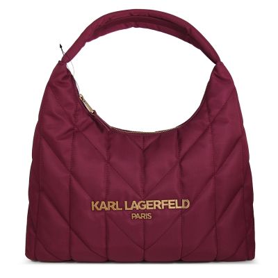 KARL LAGERFELD 卡爾品牌字樣绗縫HOBO肩背包(紅酒色/大)