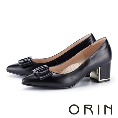 ORIN 羊皮金屬方釦尖頭粗中跟鞋 黑色