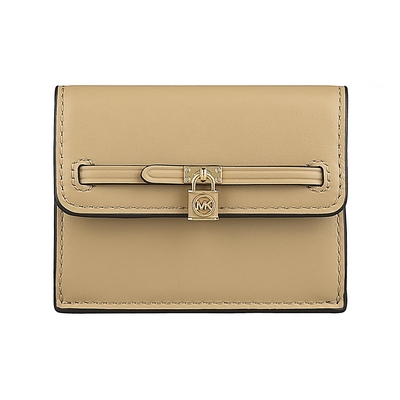 MK MICHAEL KORS Hamilton Legacy圓標字母LOGO鎖頭設計牛皮2卡釦式卡片零錢包(駱駝米)