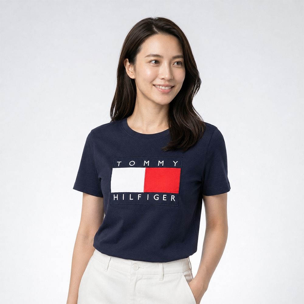 TOMMY 熱銷刺繡大Logo圖案短袖T恤(女)-深藍色