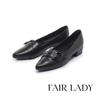 FAIR LADY 芯太軟 飾釦剪裁尖頭低跟樂福鞋 黑 (6M3059)