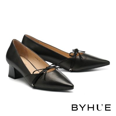 高跟鞋 BYHUE 簡約兩穿可拆式蝴蝶結羊皮軟芯尖頭高跟鞋－黑