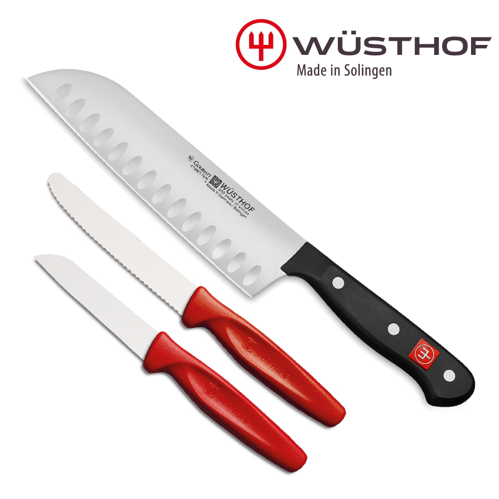 WUSTHOF 德國三叉牌 GOURMET 17cm 三德刀3件組(含鋸齒刀+水果刀)