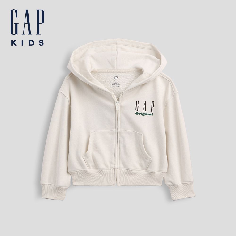 【GAP】嬰兒及幼兒VintageSoft毛圈布Gap Logo拉鍊連帽運動外套-白色(911621) (白色)