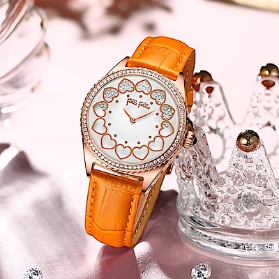 Folli Follie  34毫米 時來運轉 愛心水晶旋轉錶盤  鱷魚壓紋真皮腕錶(玫瑰金X橘 FF238730)