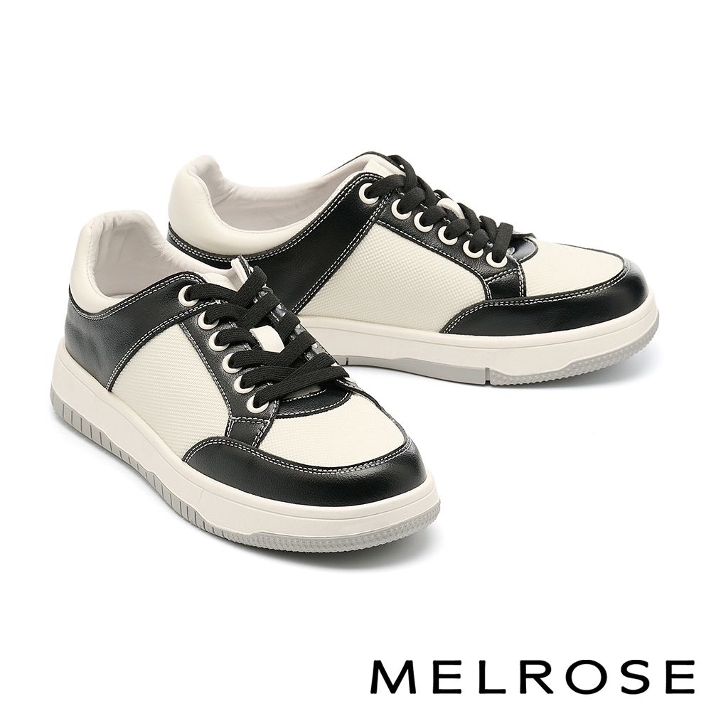 休閒鞋 MELROSE 美樂斯 百搭舒適撞色拼接牛皮綁帶厚底休閒鞋－黑