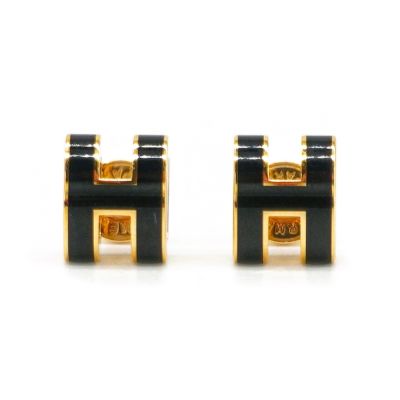 Hermes 愛馬仕 Pop H 立體簍空橢圓logo耳環-mini(黑/金)