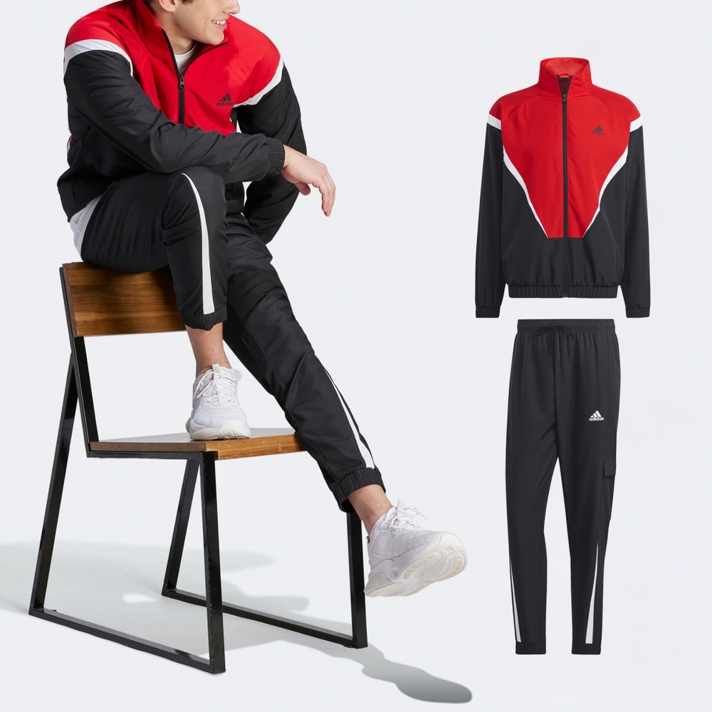 adidas 套裝Sportswear Woven Track Suit 男款紅黑運動套裝愛迪達