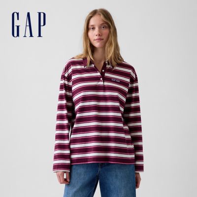 【GAP】超寬鬆條紋Polo衫-深酒紅(911315)