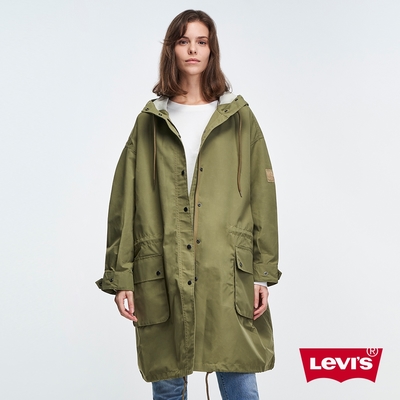 Levis 女款 寬鬆長版連帽風衣外套 / 工裝口袋設計 / 收腰調節