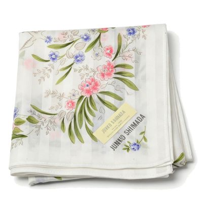 JUNKO SHIMADA 日本製米白底島田順子花卉飛鳥圖騰字母LOGO帕領巾(52CM)