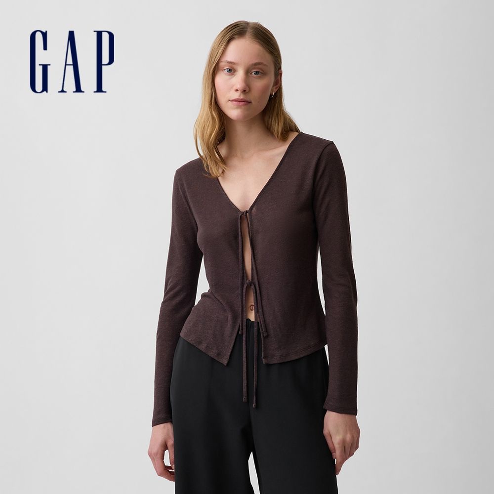 【GAP】柔軟亞麻混紡綁帶罩衫-大地棕(898922) (大地棕)