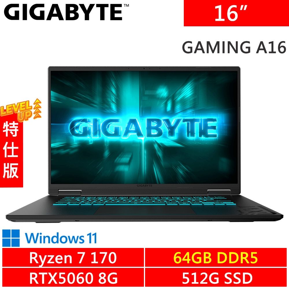 技嘉 GAMING A16 5VHP3TW893SH-SP7 16吋 黑(AMD Ryzen 7 170/64G DDR5/512G PCIE/RTX5060 8G/W11)特仕機