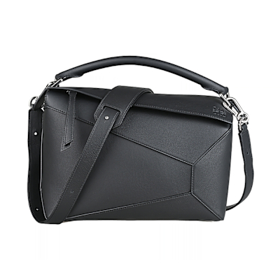 LOEWE Puzzle經典標誌性LOGO小牛皮內襯織布拉鍊手提斜背兩用包(中/黑)