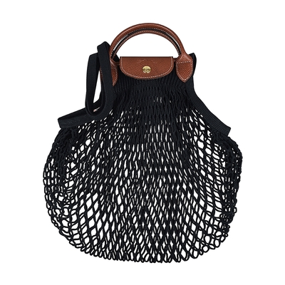 LONGCHAMP LE PLIAGE FILET壓印LOGO棉質飾牛皮邊釦式手提肩背漁網包(大/黑)