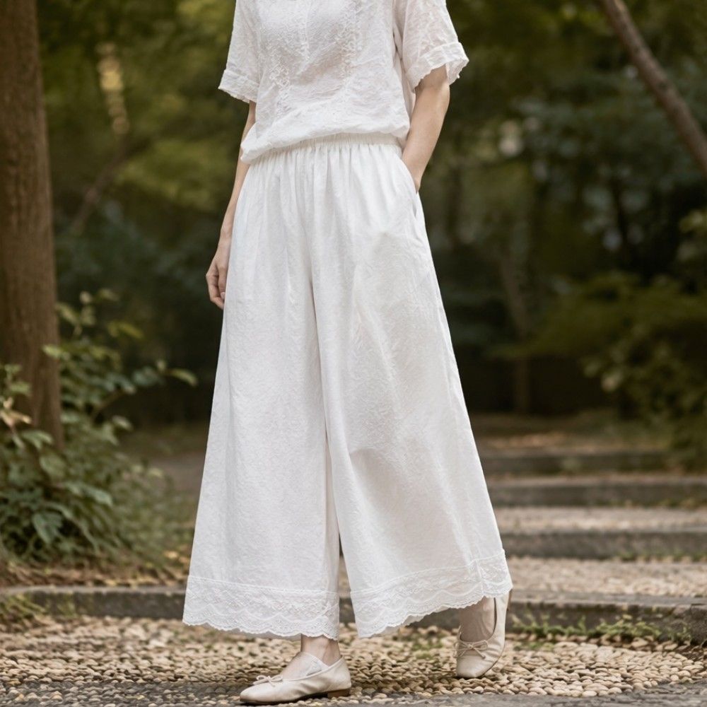 【LANNI 藍尼】★蕾絲拼接九分棉麻闊腿褲(女裝/長褲/棉麻褲/優雅/日系/通勤) (白)
