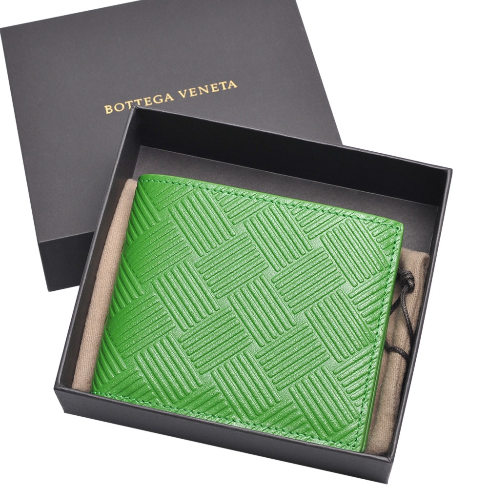 BOTTEGA VENETA 經典小牛皮編織壓紋圖騰四卡零錢式短夾(綠色
