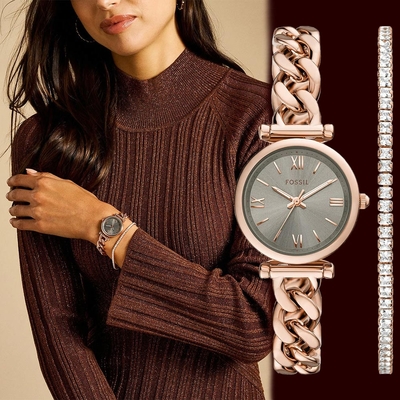 FOSSIL Carlie 時尚大三針女錶 手錶套組 開學購物季 送禮首選-28mm ES5378SET