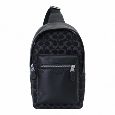 COACH 緹花布拼接皮革側背/前胸包(黑x灰)