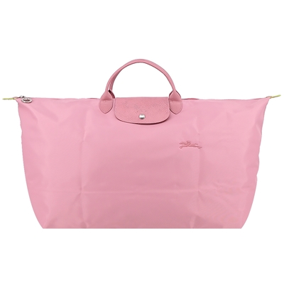 LONGCHAMP LE PLIAGE GREEN系列刺繡短把再生尼龍摺疊旅行袋(特大/花瓣粉)
