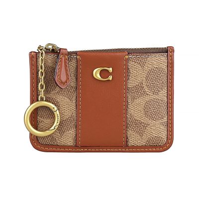 COACH Signature顛倒印花LOGO撞色造型設計PVC拼牛皮1卡拉鍊卡夾包(迷你/棕褐x焦糖)