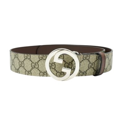 Gucci 古馳 GG Supreme 銀雙G logo皮帶/腰帶(703147-咖/烏木)