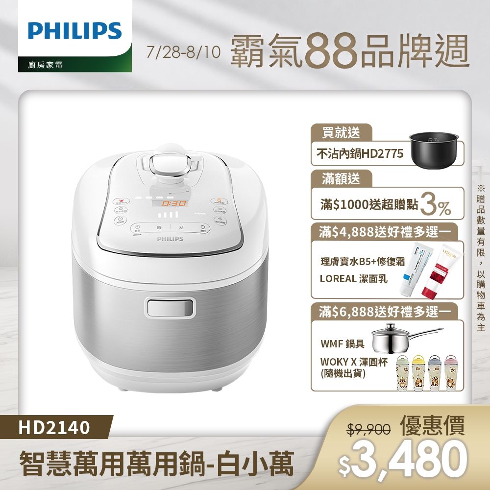 【Philips 飛利浦】智慧萬用電子鍋/壓力鍋/萬用鍋 HD2140_白小萬