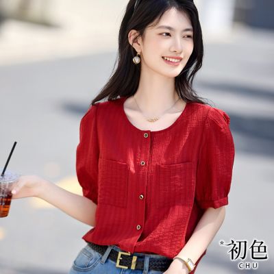 初色 小香風肌理感寬鬆透氣純色圓領五分短袖燈籠袖單排釦襯衫上衣女上衣-紅色-12862(M-2XL可選)