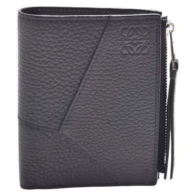 LOEWE 經典PUZZLE系列粒紋牛皮幾何拼接拉鍊對折短夾(深灰色)