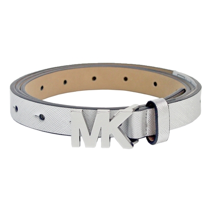 Michael Kors 女款MK釦頭素色皮革細版皮帶(銀色)-L