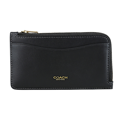 COACH 金字燙印標誌皮革L型拉鍊零錢卡片夾(黑)