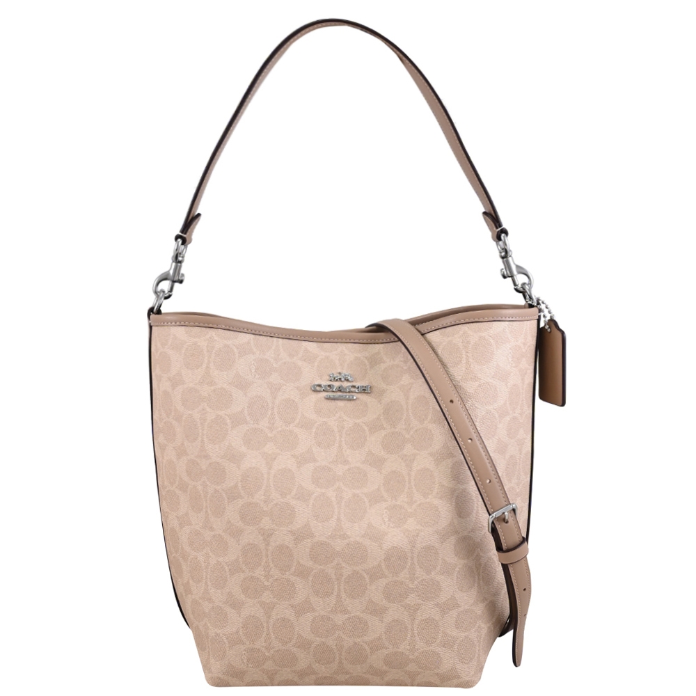 COACH 金屬馬車LOGO印花兩用水桶包(卡其/淺褐)
