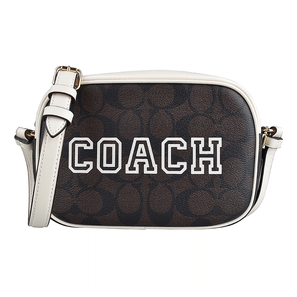 COACH Jamie 學院風設計PVC拉鍊斜背相機包(迷你/深棕x白