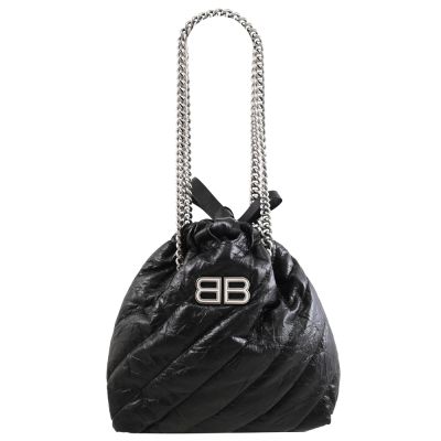BALENCIAGA巴黎世家 BALENCIAGA CRUSH TOTE 金屬LOGO揉製牛皮托特/鍊包(黑 S)