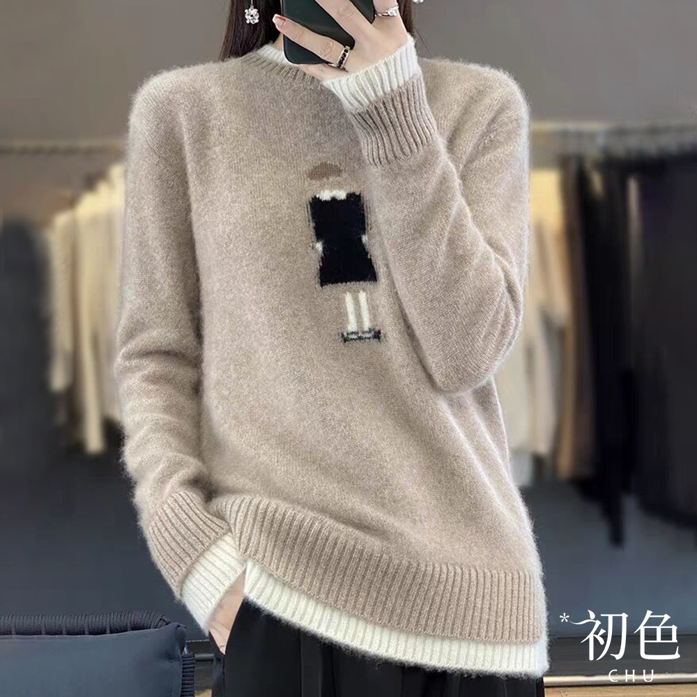 初色 撞色圓領套頭女孩長袖秋冬針織毛衣衫上衣女上衣-共4色-37969(F可選)
