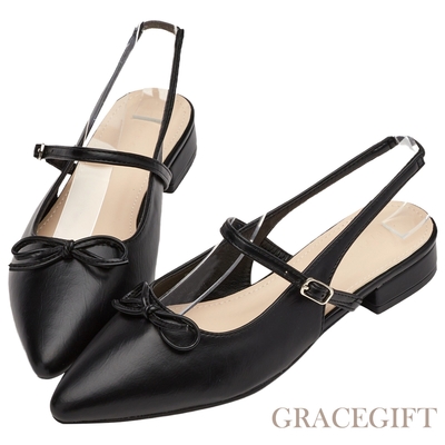 【Grace Gift】法式尖頭蝴蝶結後簍空芭蕾舞平底鞋 黑