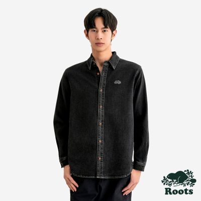 Roots中性-GENDER FREE DENIM 長袖襯衫-石墨黑