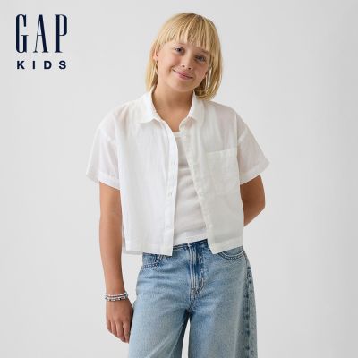 【GAP】童裝透膚寬鬆短版襯衫-新款米白(898086)