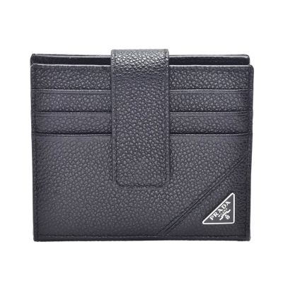 PRADA 經典銀色品牌三角LOGO粒紋防刮牛皮按扣折疊式卡套(黑色)