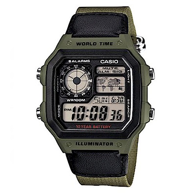 CASIO 經典地圖設計帆布材質數位休閒錶(AE-1200WHB-3B)綠/45mm / 考試錶