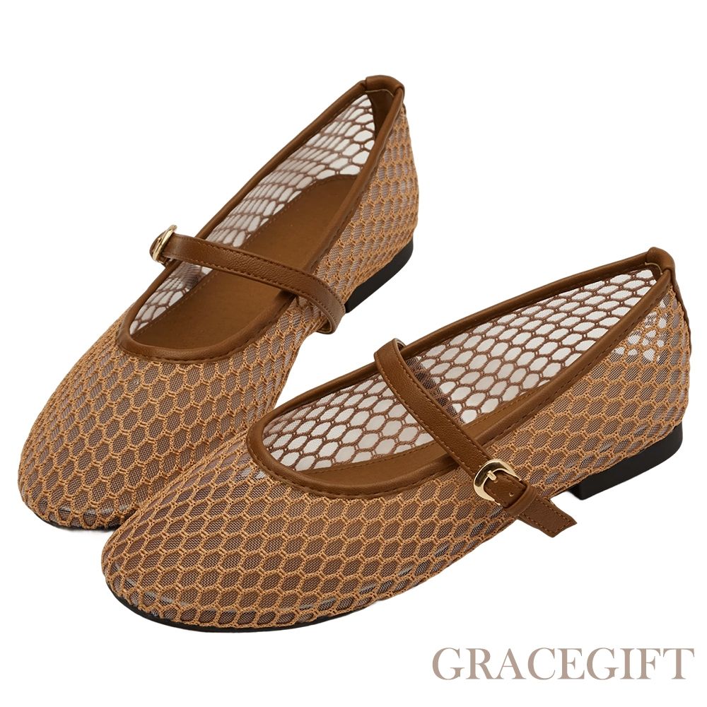 【Grace Gift】名人時尚透膚網面平底瑪莉珍鞋 棕