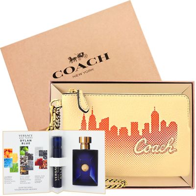 COACH X Jennifer Lopez 聯名款荔枝紋皮革金屬鍊帶手拿包+Versace 狄倫正藍隨身小香水