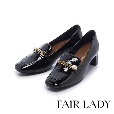 FAIR LADY 優雅小姐 時髦方頭壓紋樂福鞋 漆黑(6B2973)