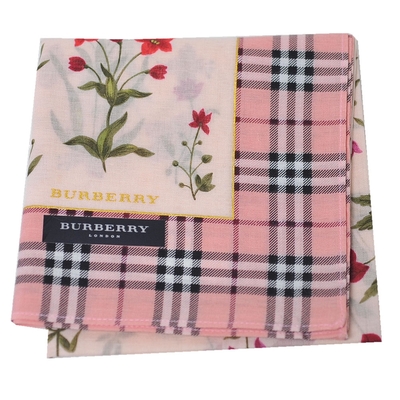 BURBERRY 巴寶莉 繽紛花朵圖騰字母LOGO格紋滾邊棉質帕領巾(粉紅/50CM)